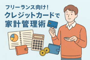 フリーランス向けのクレジットカード家計管理術をテーマにしたアイキャッチ画像。人物がカードと家計簿を手に安心感を表現。