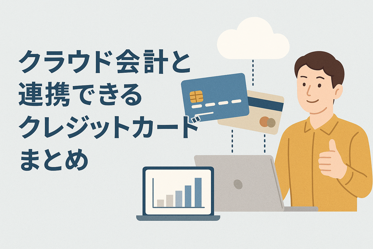 クラウド会計と連携できるおすすめクレジットカードを紹介するアイキャッチ画像。パソコンとクラウド、クレジットカードをつなげたイラスト。