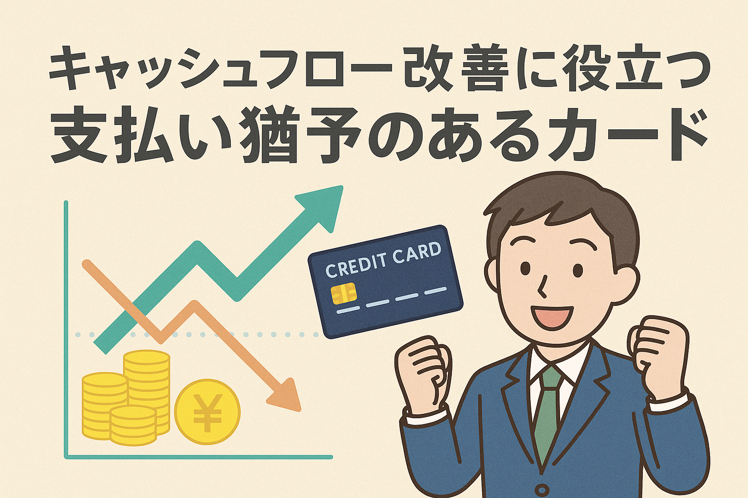 キャッシュフロー改善に役立つ支払い猶予付きクレジットカードを紹介するアイキャッチ画像。ビジネスマンと上昇グラフ、カードのイラスト入り。