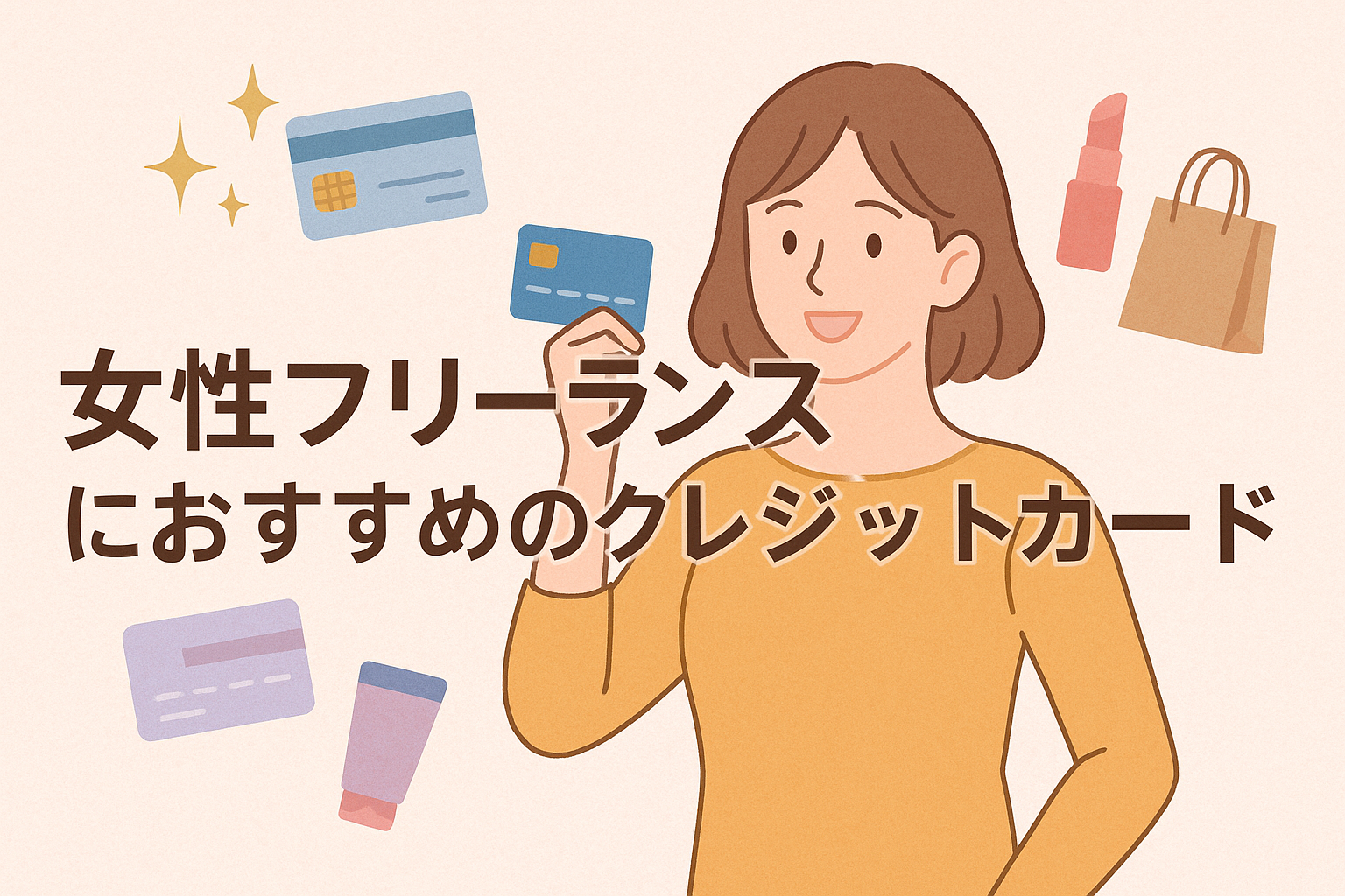 女性フリーランスにおすすめのクレジットカードを紹介する記事用アイキャッチ画像。笑顔の女性とカード、ショッピングや美容の要素を表現。