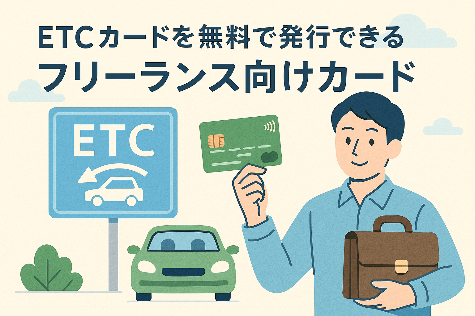 フリーランス向けにETCカードを無料で発行できるおすすめクレジットカードを紹介する記事用アイキャッチ画像。ETCゲートと車、クレジットカードを持つ人物のイラスト。