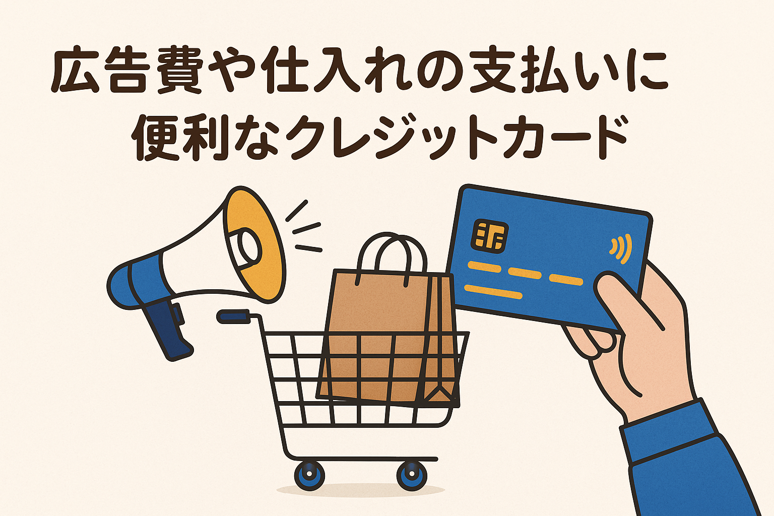 広告費や仕入れの支払いに便利なクレジットカードを紹介する記事用アイキャッチ画像。クレジットカード、ショッピングカート、メガホンを描いた親しみやすいイラスト。