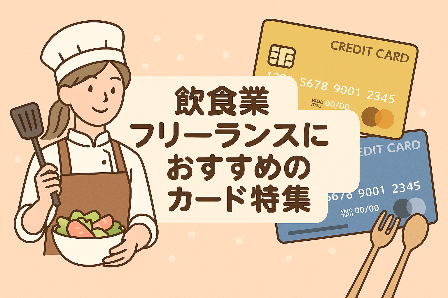 飲食業フリーランスにおすすめのクレジットカード特集を紹介する記事用アイキャッチ画像。シェフと料理、クレジットカードを組み合わせた親しみやすいイラスト。