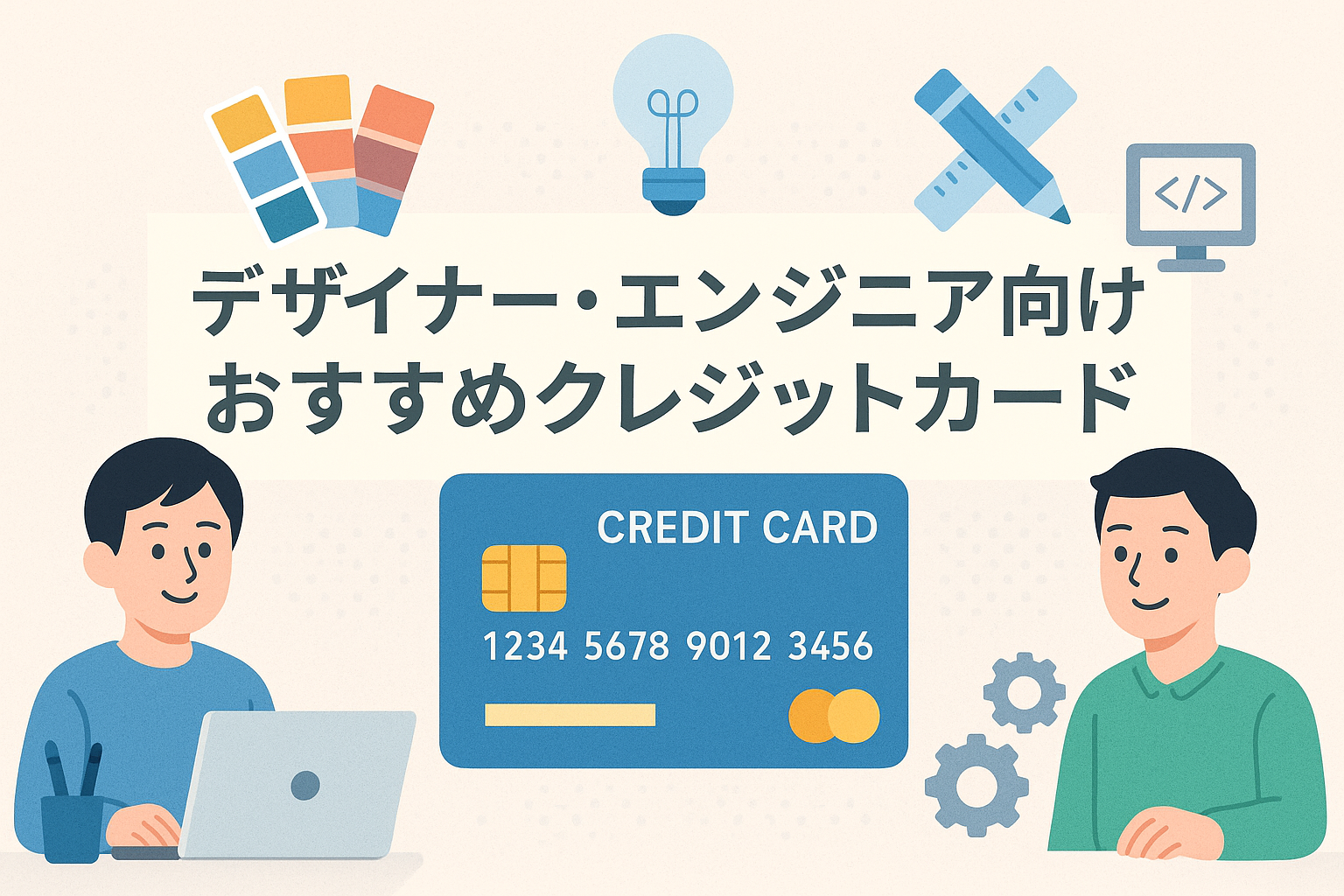 デザイナー・エンジニア向けおすすめクレジットカードを紹介する記事用アイキャッチ画像。パソコン作業をする人物やデザイン・開発を象徴するアイコンとカードのイラスト。