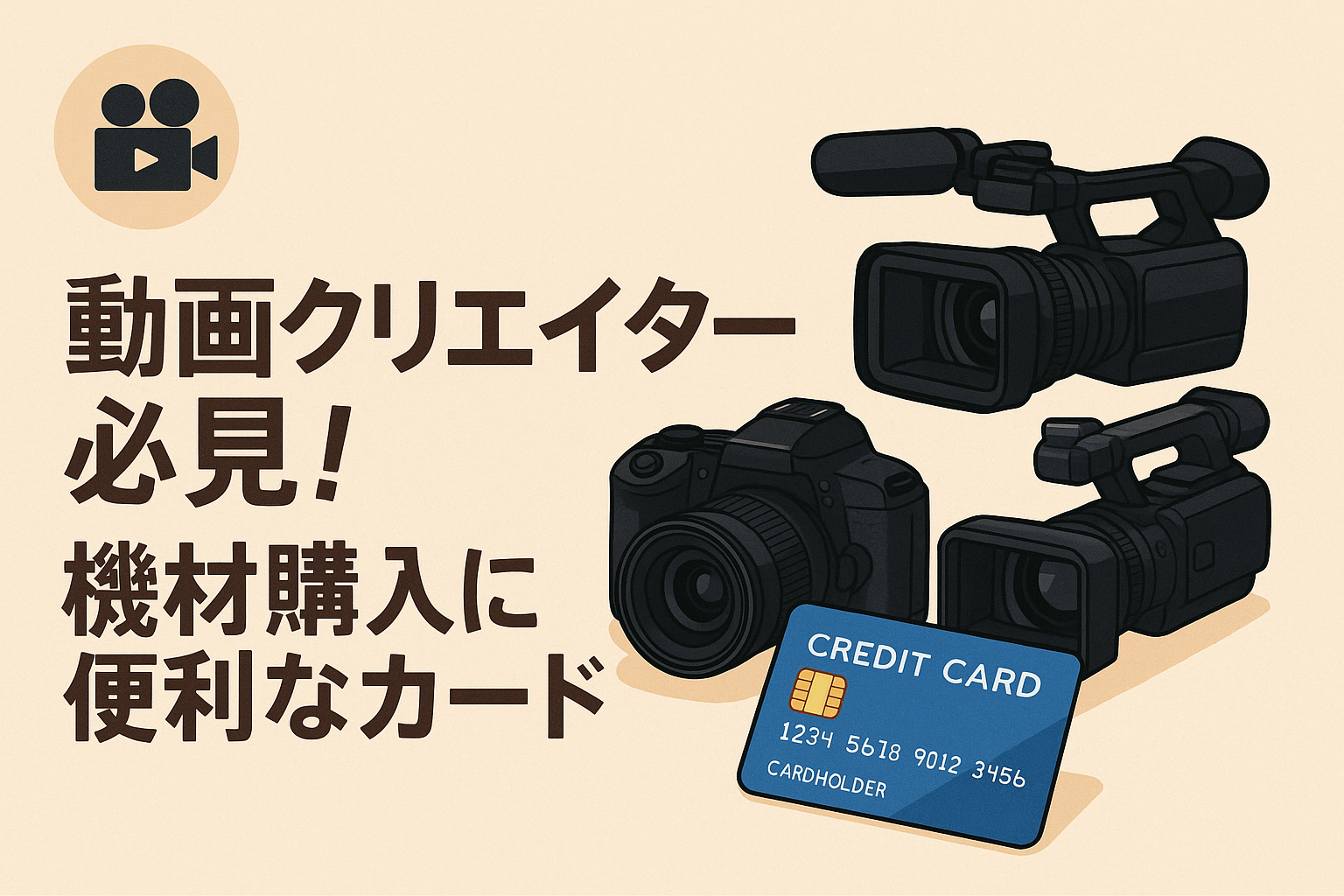 動画クリエイター必見!機材購入に便利なクレジットカードを紹介する記事のアイキャッチ画像。カメラや撮影機材とクレジットカードを組み合わせた親しみやすいデザイン。