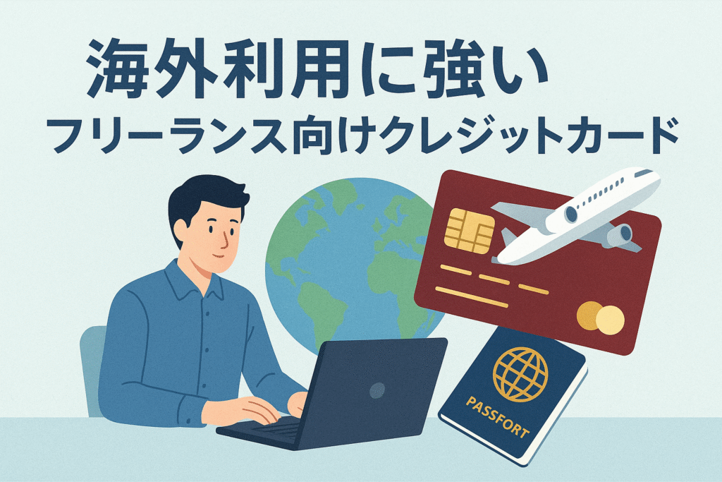 海外利用に強いフリーランス向けクレジットカードを紹介する記事のアイキャッチ画像。飛行機・地球儀・パスポートとクレジットカードを組み合わせたイラスト。