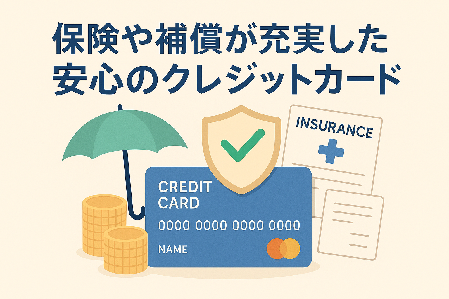 保険や補償が充実した安心のクレジットカードをイメージしたイラスト。カード、シールド、保険証書、傘など安心を象徴するデザイン。