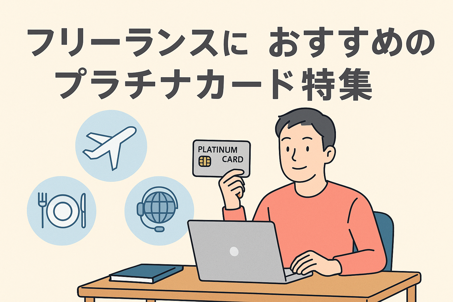 フリーランスにおすすめのプラチナカード特集を表現したイラスト。プラチナカードを持つ男性と、旅行・グルメ・コンシェルジュ特典のアイコンが描かれている。