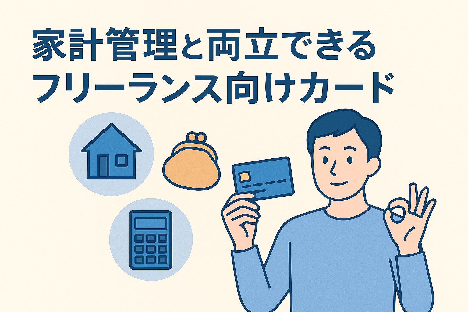 家計管理と事業資金の両立をテーマにしたフリーランス向けカードのアイキャッチ画像。クレジットカードを持つ男性と家計を象徴する家・財布・電卓のイラスト入り。