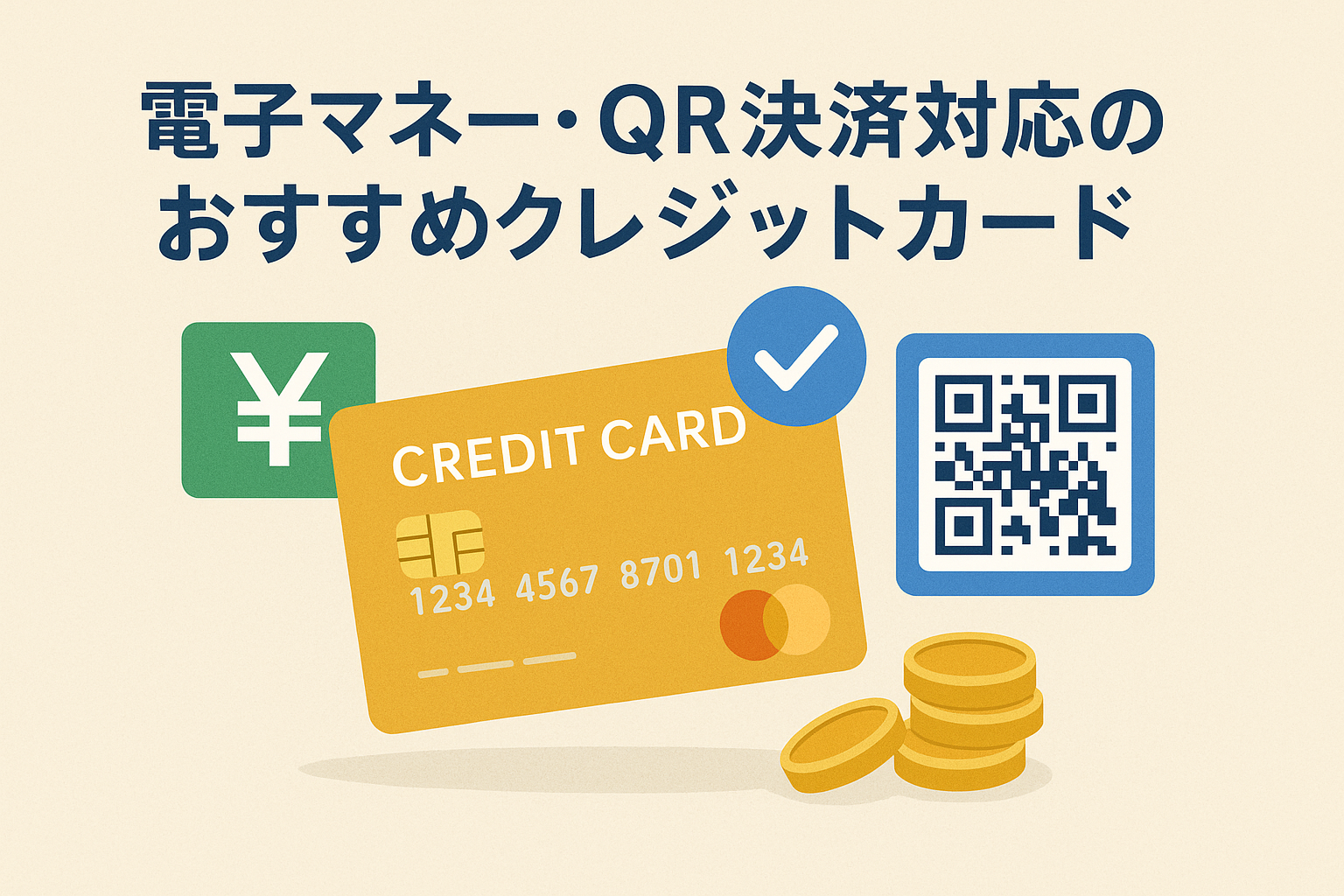 電子マネーやQR決済に対応したおすすめクレジットカードを紹介するアイキャッチ画像。クレジットカード、QRコード、円マーク、コインのイラスト入り。