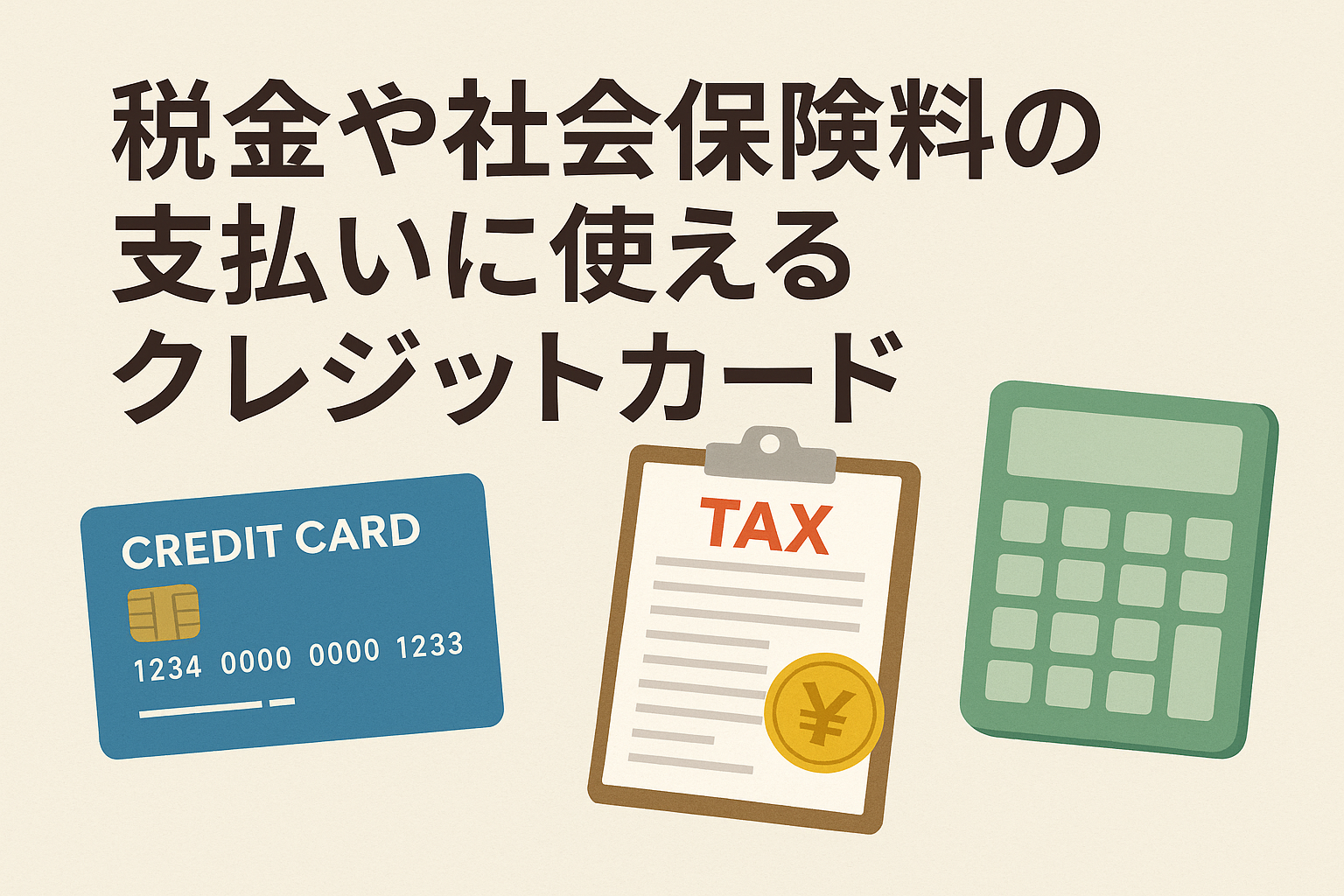 税金や社会保険料の支払いに使えるクレジットカードをテーマにしたアイキャッチ画像。クレジットカード、税金の書類、電卓のイラスト入り。