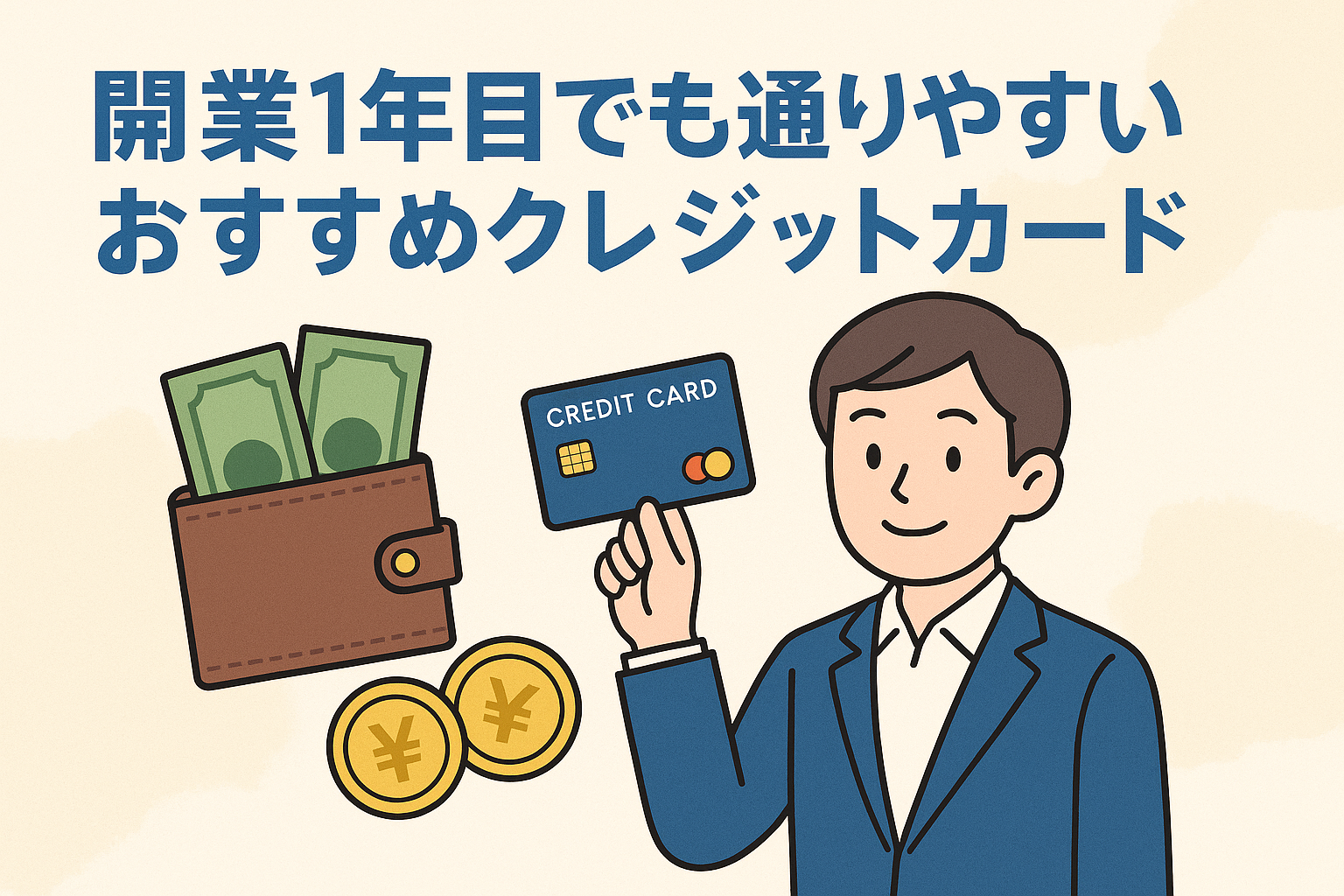 開業1年目でも通りやすいおすすめクレジットカードを解説する記事用アイキャッチ。スーツ姿の男性とカード・財布・お金のイラスト入り。