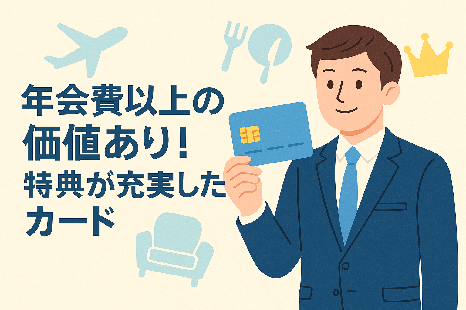年会費以上の価値がある特典充実クレジットカードを紹介する記事用アイキャッチ。スーツの男性がカードを掲げ、飛行機・食事・ラウンジ椅子・王冠のアイコンを配置したフラットイラスト。
