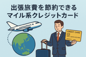 出張旅費を節約できるマイル系クレジットカードを紹介する記事用アイキャッチ画像。スーツ姿の男性がカードとスーツケースを持ち、飛行機と地球のイラストを背景に配置。