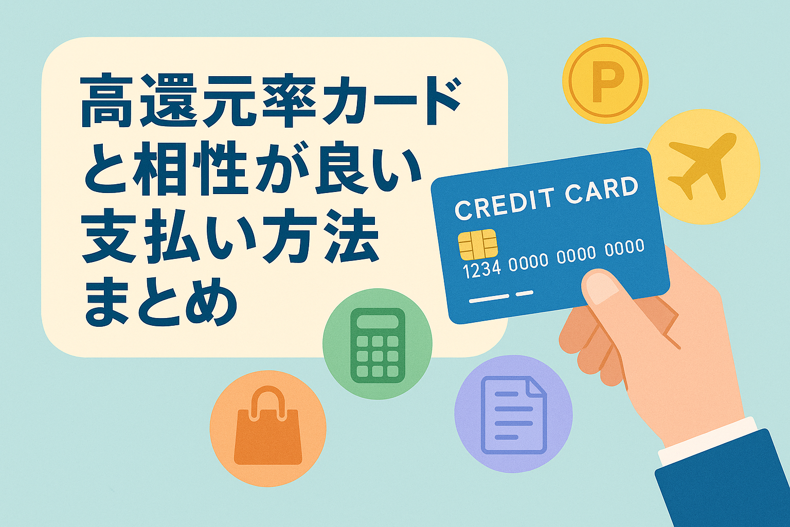 高還元率カードと相性が良い支払い方法を紹介する記事用アイキャッチ画像。クレジットカードと、買い物・航空機・公共料金を象徴するアイコンを配置。