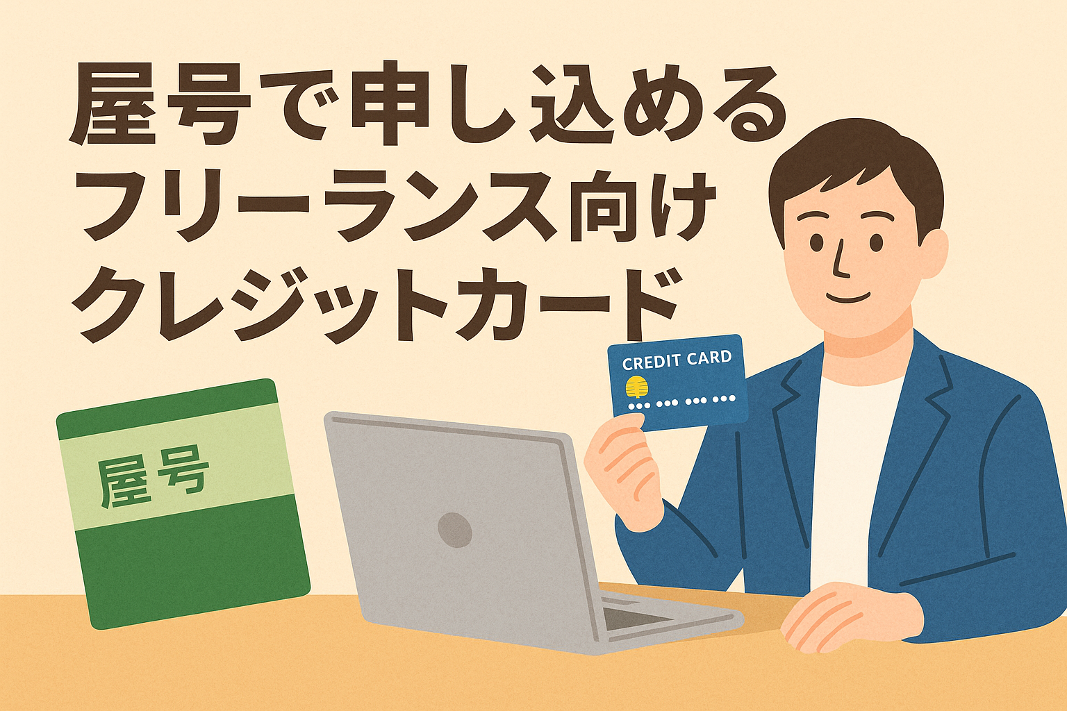 屋号で申し込めるフリーランス向けクレジットカードを紹介する記事用アイキャッチ画像。ノートPCの前に座るフリーランス男性が屋号入りの通帳とクレジットカードを持つイラスト。