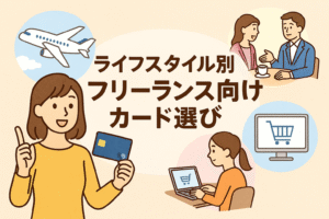 ライフスタイル別に選ぶフリーランス向けクレジットカードを解説する記事用アイキャッチ画像。出張・在宅・EC・会食などの働き方を象徴するアイコンとカードを配置。