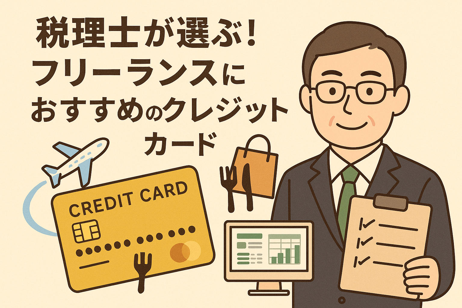 税理士が選ぶフリーランス向けクレジットカードを紹介する記事用アイキャッチ画像。スーツ姿の税理士とクレジットカード、会計管理やマイルを象徴するイラスト入り。