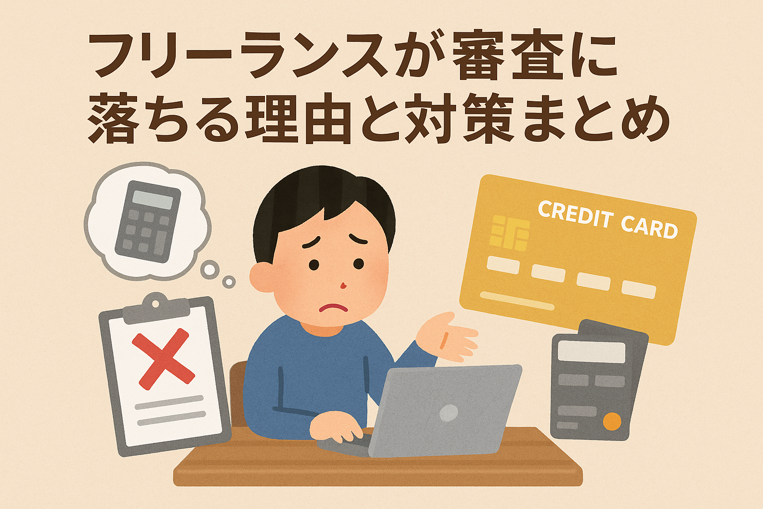 フリーランスがクレジットカード審査に落ちて悩んでいる様子を描いたイラスト