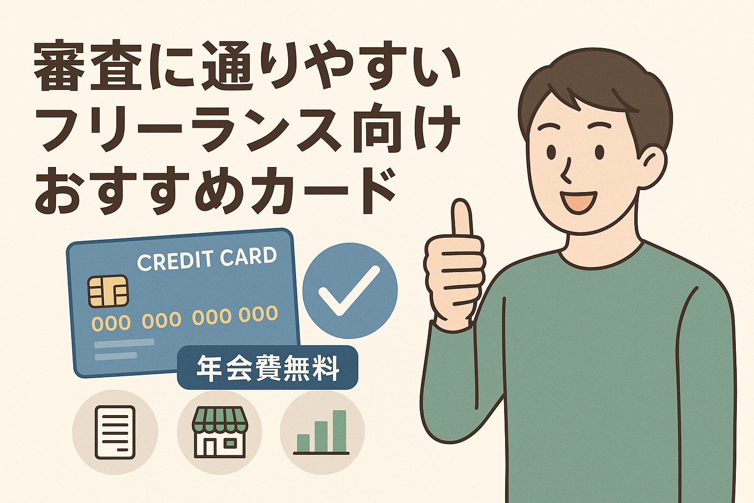 フリーランス向けに審査に通りやすいおすすめクレジットカードを紹介する記事用アイキャッチ画像。親しみやすい男性イラストとカード、チェックマークのイメージ。