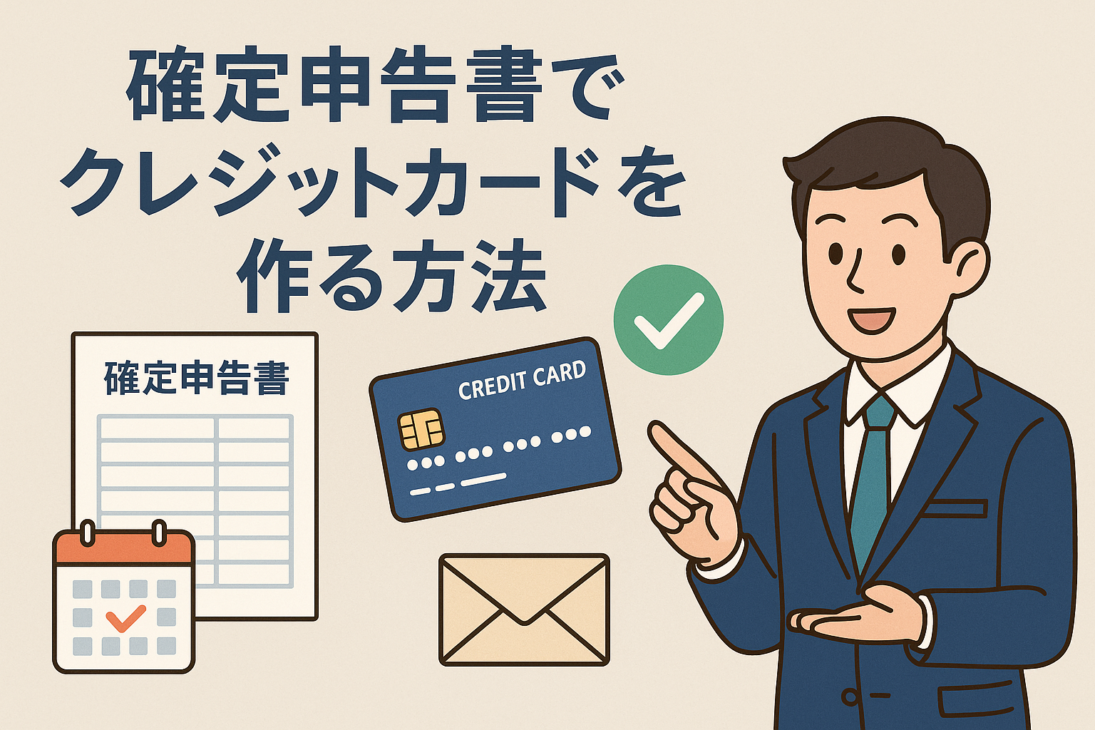 確定申告書を使ってクレジットカードを作る方法を解説する記事用アイキャッチ。日本語見出し「確定申告書でクレジットカードを作る方法」と、確定申告書・カレンダー・クレジットカード・チェックマーク・スーツ姿の人物イラストを配置。