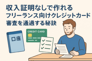 収入証明なしで作れるフリーランス向けクレジットカードをテーマにしたアイキャッチ画像。フリーランスが書類を確認し、口座・クレジットカード・チェックリストのイラストが配置されている。