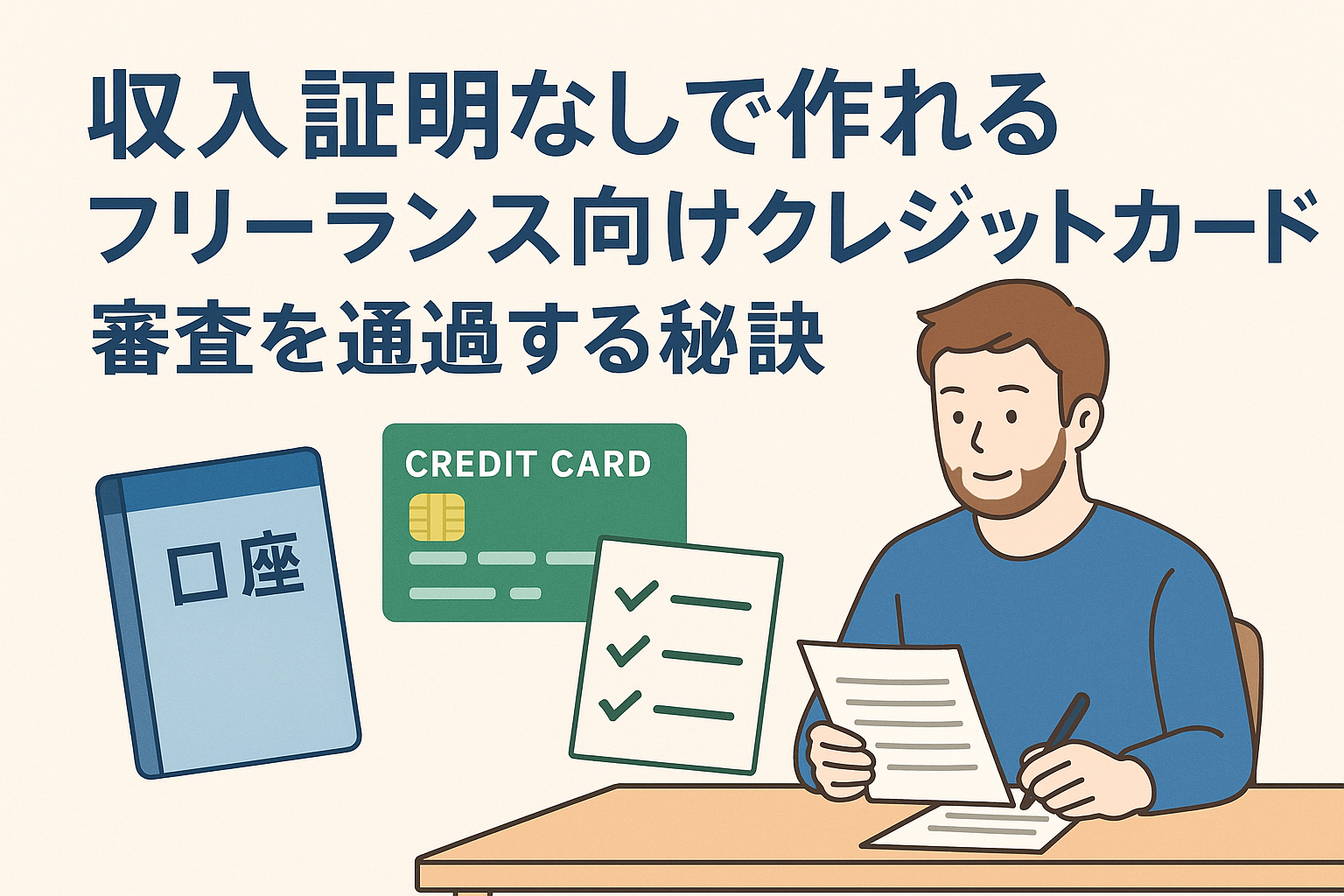 収入証明なしで作れるフリーランス向けクレジットカードをテーマにしたアイキャッチ画像。フリーランスが書類を確認し、口座・クレジットカード・チェックリストのイラストが配置されている。