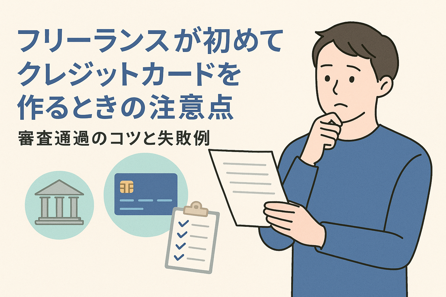 フリーランスが初めてクレジットカードを作る際の注意点をテーマにしたアイキャッチ画像。男性が書類を確認し、銀行・カード・チェックリストのアイコンが描かれている。
