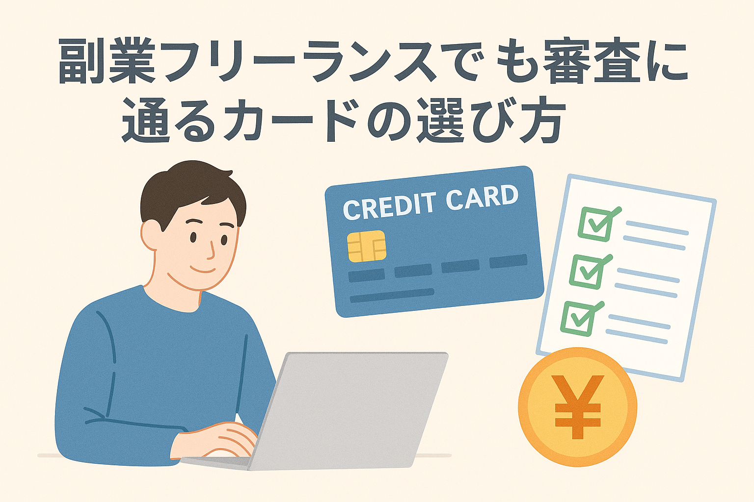 副業フリーランスでも審査に通るクレジットカードの選び方をテーマにしたアイキャッチ画像。男性がパソコンを操作し、横にクレジットカード・チェックリスト・円マークが配置されている。