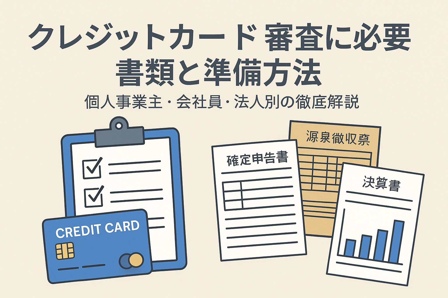 クレジットカード審査に必要な書類と準備方法を示すアイキャッチ画像。チェックリスト、確定申告書、源泉徴収票、決算書、クレジットカードのイラスト入り。