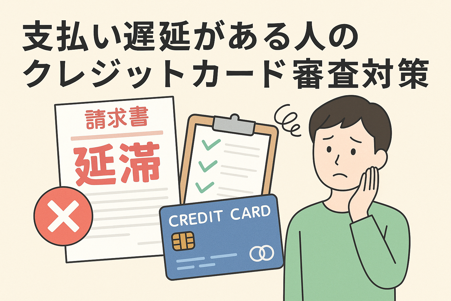 支払い遅延がある人のクレジットカード審査対策をテーマにしたアイキャッチ画像。延滞マークの請求書、青いクレジットカード、困った表情の男性のイラスト。