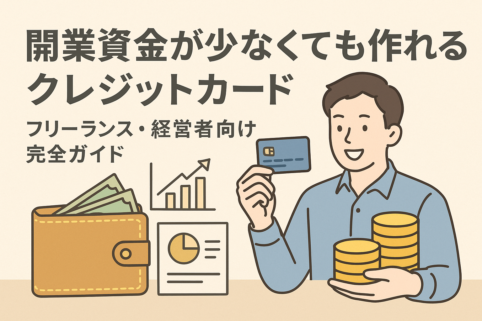 開業資金が少なくても作れるクレジットカードを解説する記事用アイキャッチ画像。カードを手にした人物と財布・グラフのイラスト付き。