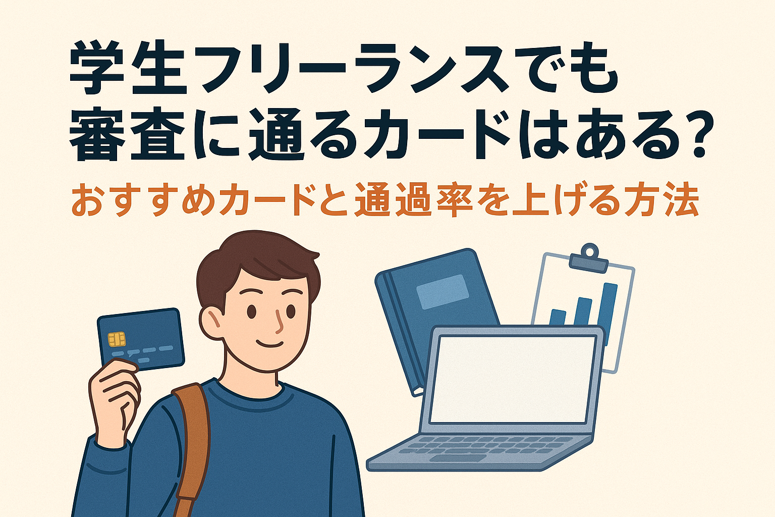 学生フリーランスでも審査に通るクレジットカードがあるのかを解説する記事用アイキャッチ画像。学生がカードを持ち、PCや本と一緒に描かれている。