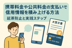 携帯料金や公共料金の支払いで信用情報を積み上げる方法を紹介する記事用アイキャッチ画像。スマートフォン、請求書、クレジットカードのイラスト入り。