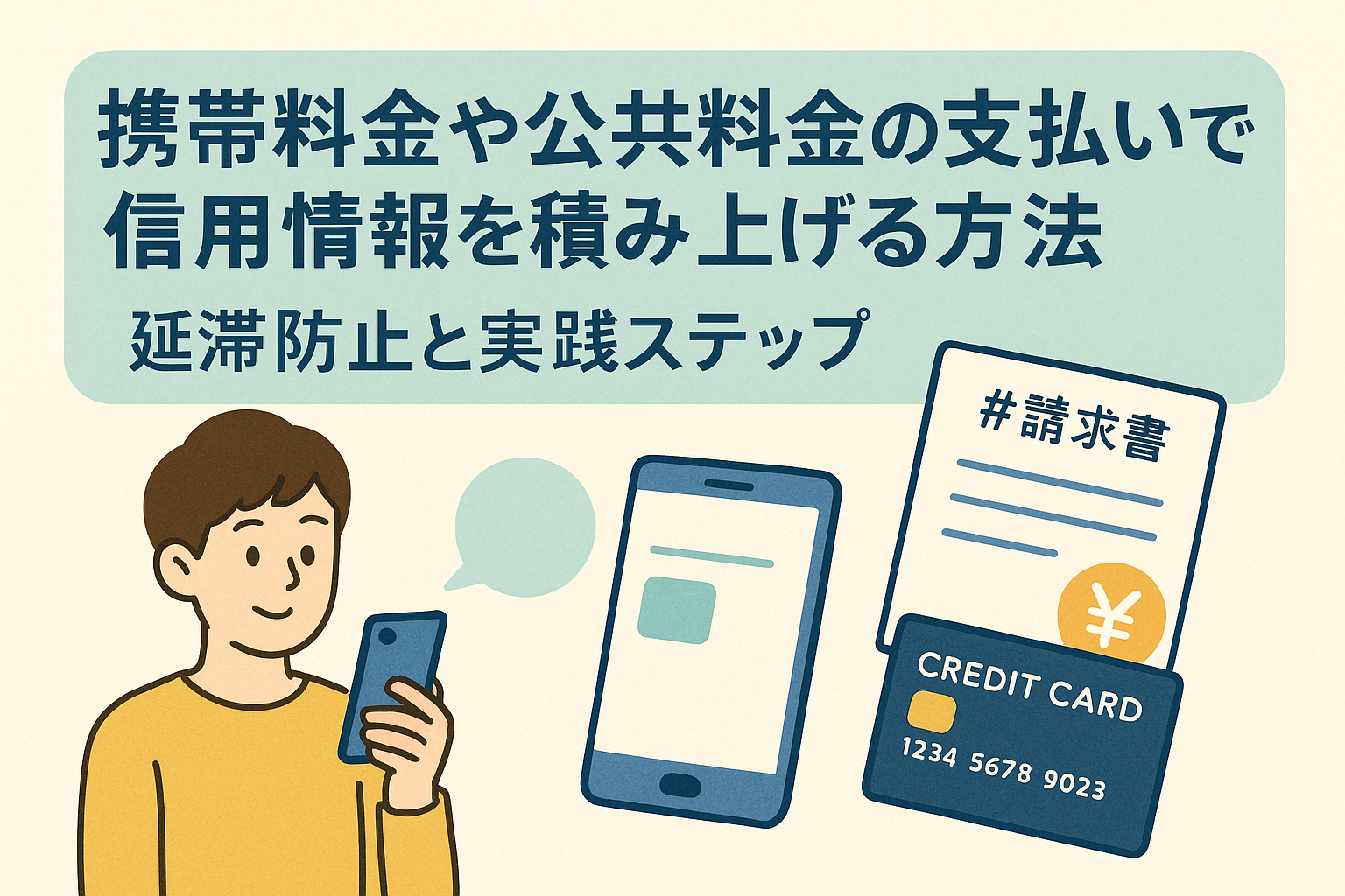 携帯料金や公共料金の支払いで信用情報を積み上げる方法を紹介する記事用アイキャッチ画像。スマートフォン、請求書、クレジットカードのイラスト入り。