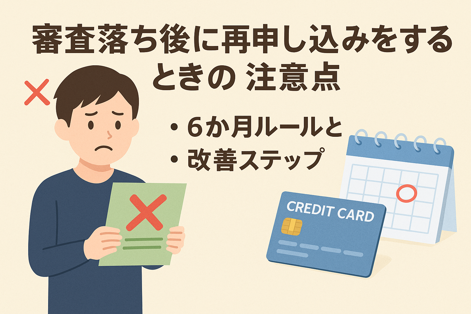 クレジットカード審査落ち後に再申し込みをするときの注意点を表す記事用アイキャッチ画像。6か月ルールや改善ステップを示すカレンダーとカードのイラスト付き。