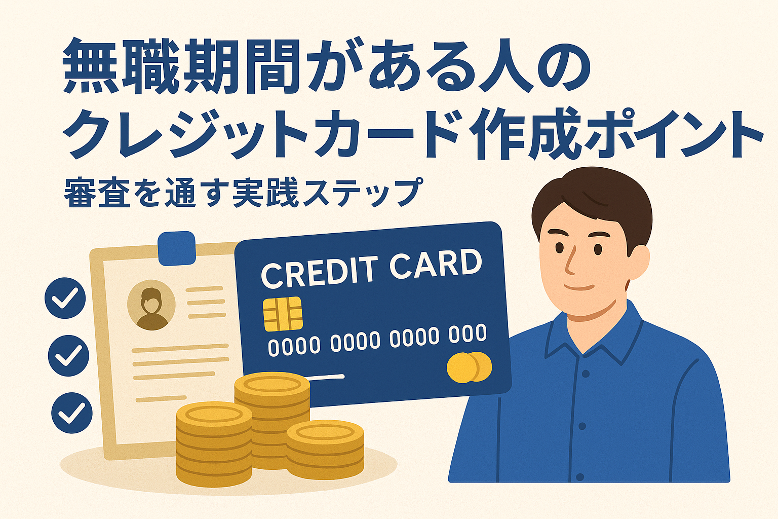 無職期間がある人のクレジットカード作成ポイントを解説する記事用アイキャッチ画像。カレンダーやクレジットカード、チェックリストのイラスト入り。