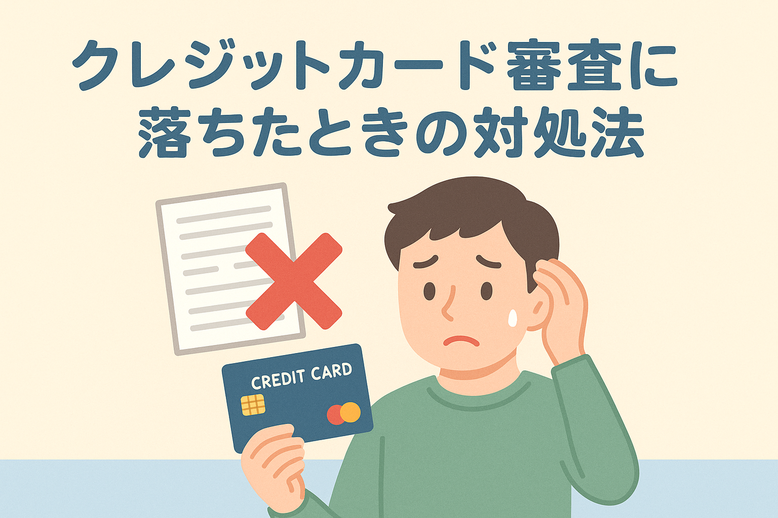 薄いベージュと水色のやさしい配色で「クレジットカード審査に落ちたときの対処法」と大きく日本語見出し、クレジットカード・赤い×・困った表情の人物を配置したアイキャッチ(1536×1024px)