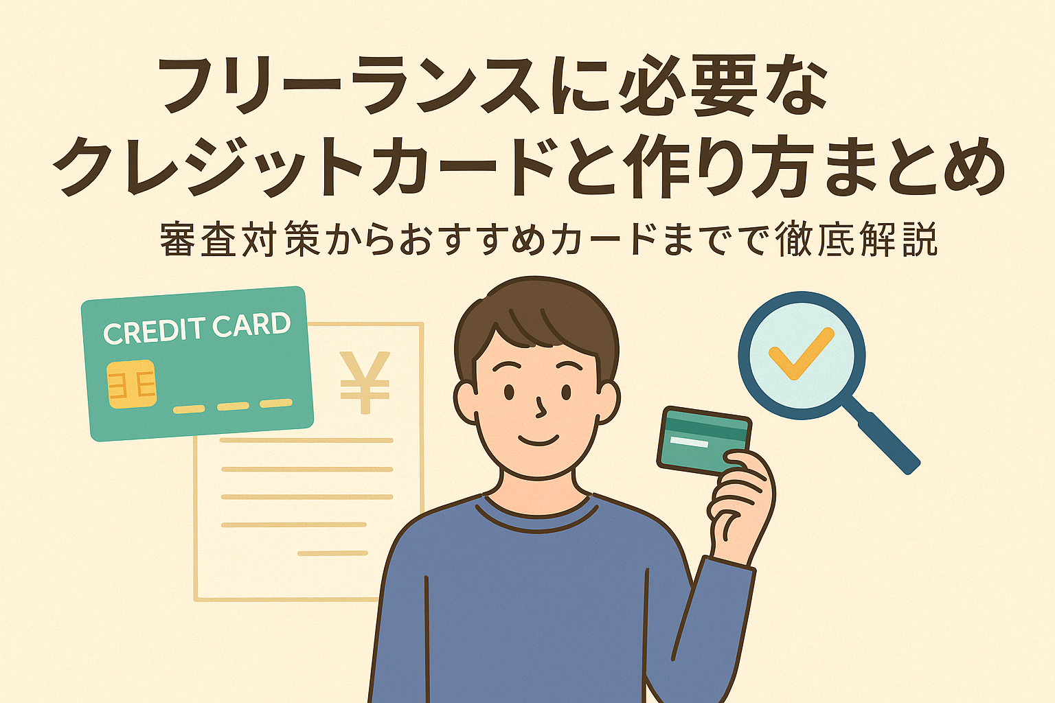 フリーランスに必要なクレジットカードと作り方を解説する記事用アイキャッチ。カードを持つ人物と審査を示すイラスト入り。
