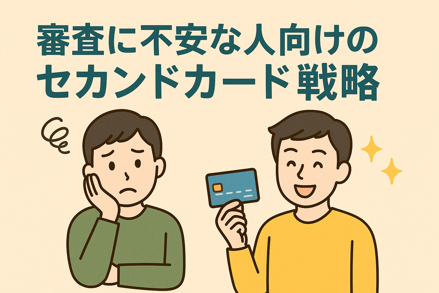 審査に不安を抱える人と、セカンドカードを手にして安心する人を対比的に描いたイラスト。親しみやすいタッチで信用回復を表現。