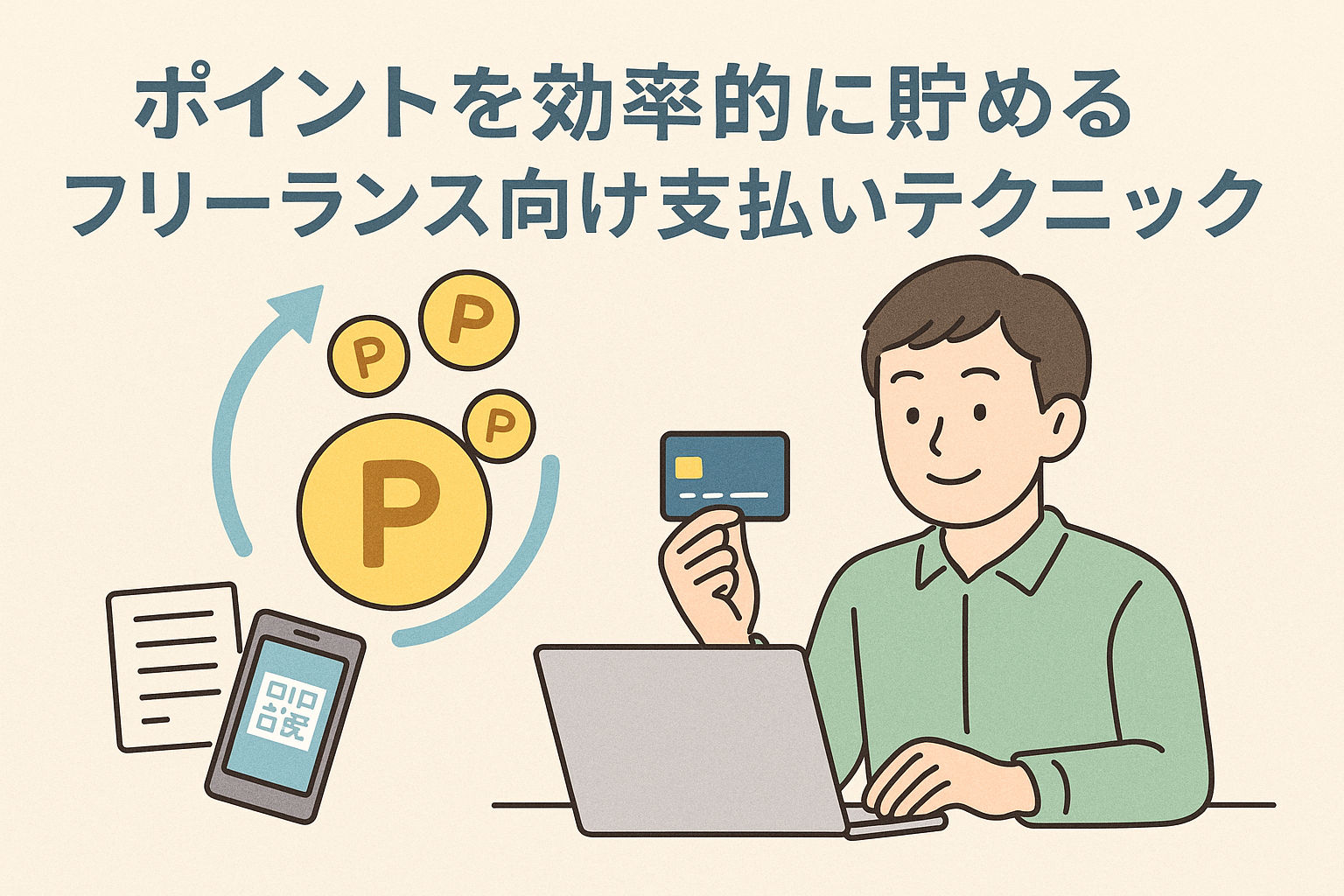 ポイントを効率的に貯めるための支払いテクニックを解説する記事用イラスト。フリーランスがクレジットカードやスマホ決済を活用している様子を描写。