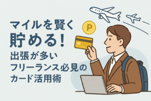 出張が多いフリーランスがクレジットカードを活用してマイルを効率的に貯める様子を描いたイラスト。飛行機やポイントアイコンを背景に配置。
