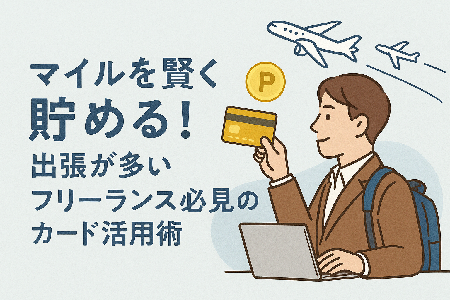 出張が多いフリーランスがクレジットカードを活用してマイルを効率的に貯める様子を描いたイラスト。飛行機やポイントアイコンを背景に配置。