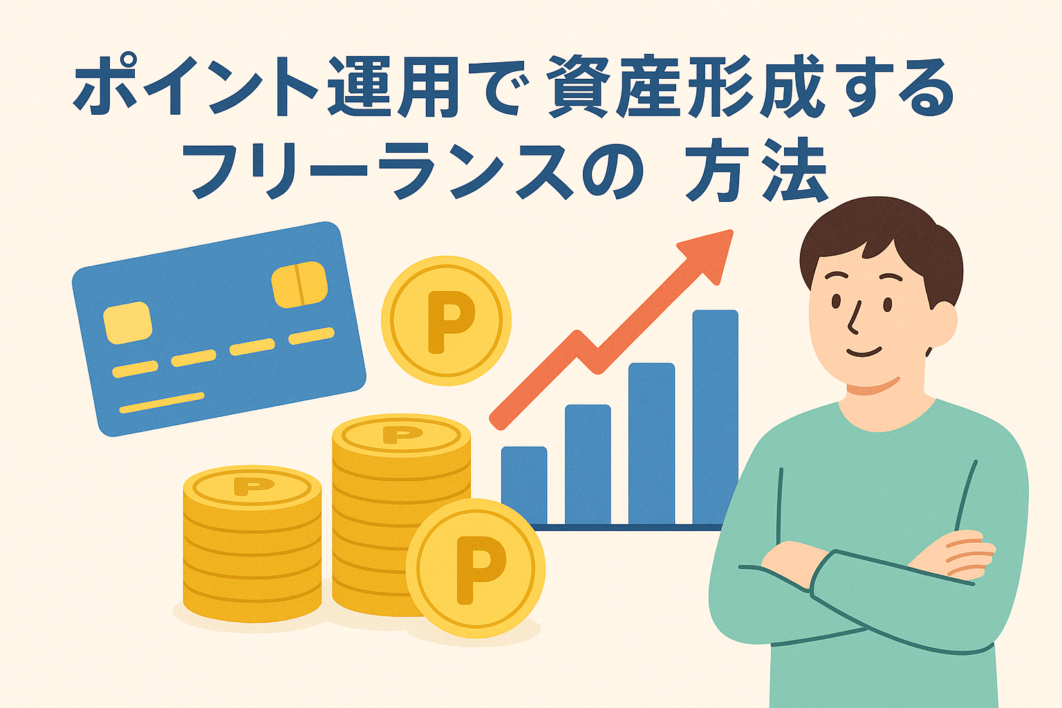 フリーランスがポイント運用を通じて資産形成を進める様子を表現したイラスト。カード、コイン、上昇グラフを背景に安心感を演出。