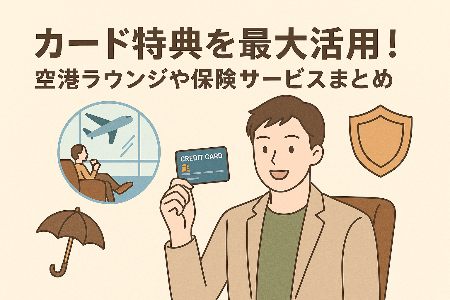 クレジットカード特典を活用するイメージ。空港ラウンジでくつろぐ人、カードを持つ人物、保険を象徴する盾や傘のアイコンを配置。