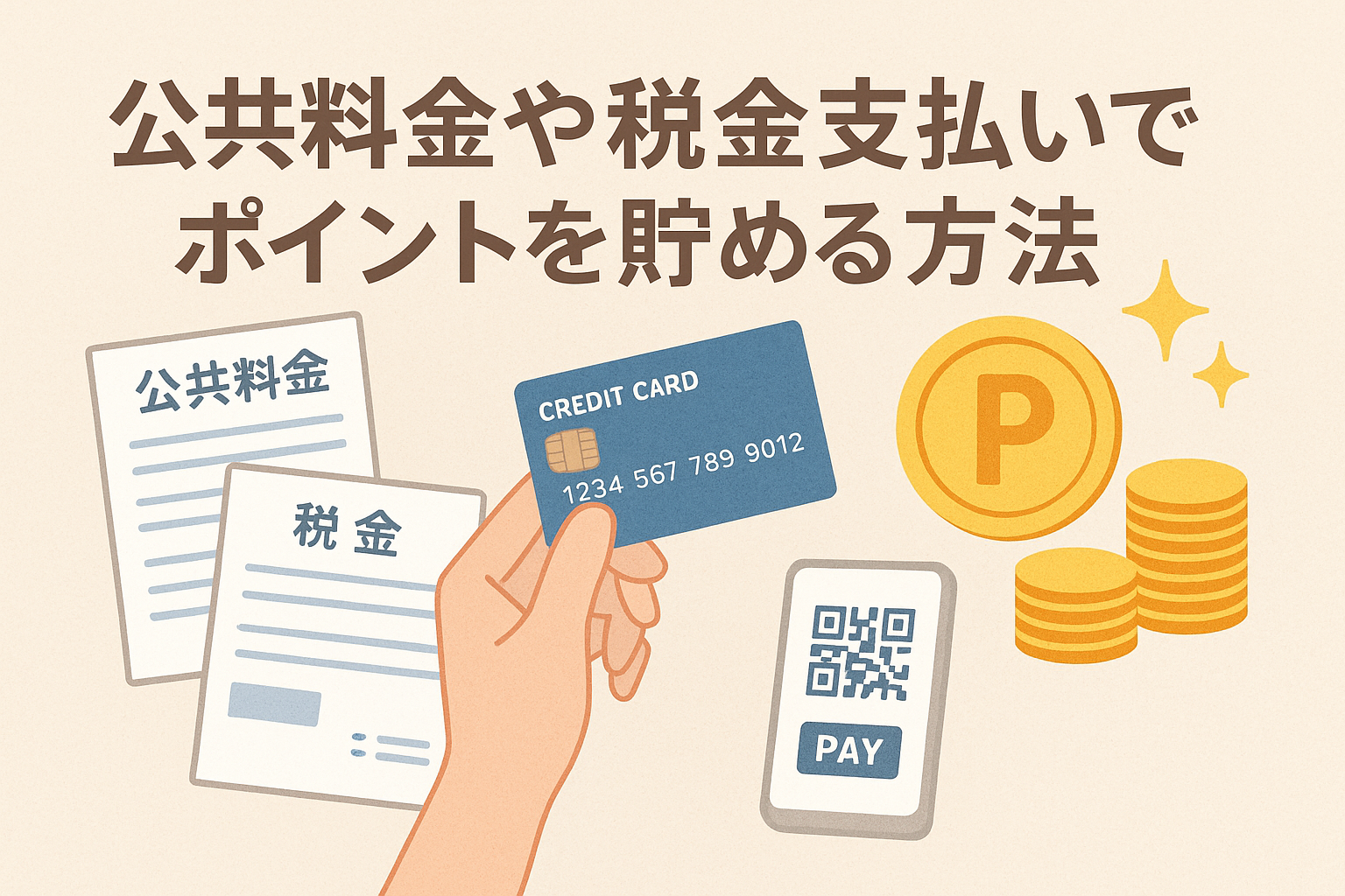 公共料金や税金支払いでポイントを貯める方法を解説する記事用のアイキャッチ。電気・水道・ガスや税金の支払いをカードで行いポイントが貯まるイメージのイラスト