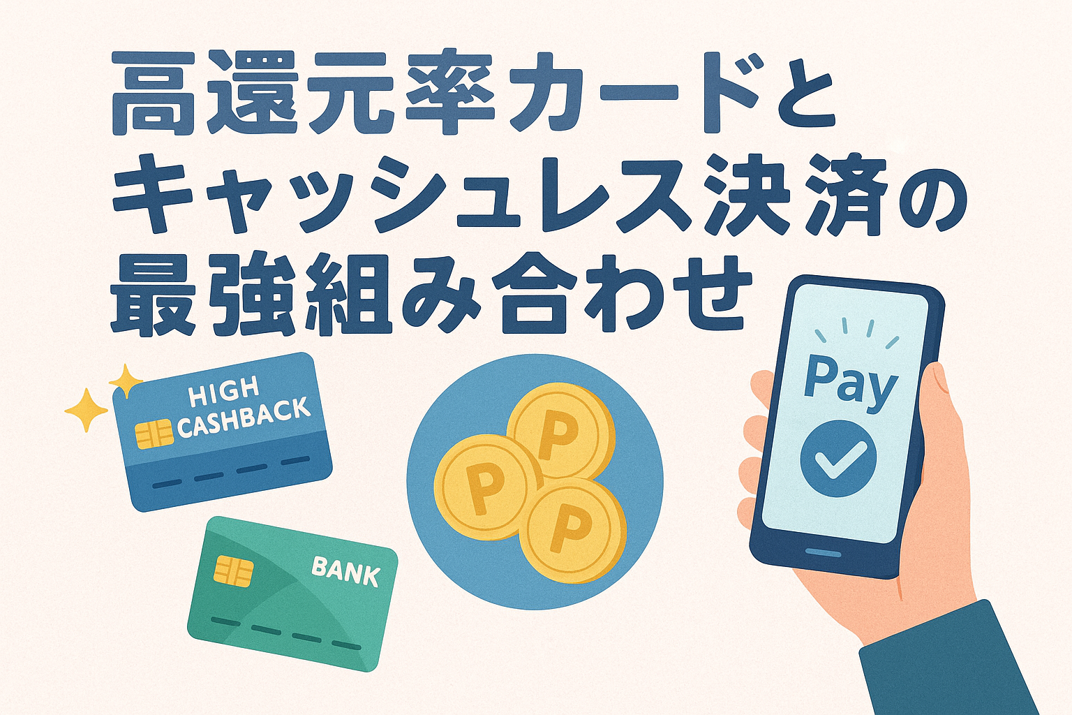 ポイントサイトとクレジットカードを併用して節約する方法を解説するイラスト。ノートPC、ポイントコイン、クレジットカード、財布のイメージ