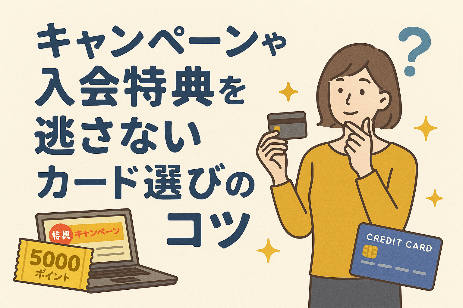キャンペーンや入会特典を逃さないカード選びのコツを表現したイラスト。女性がクレジットカードを持ち、特典やポイントが描かれている。