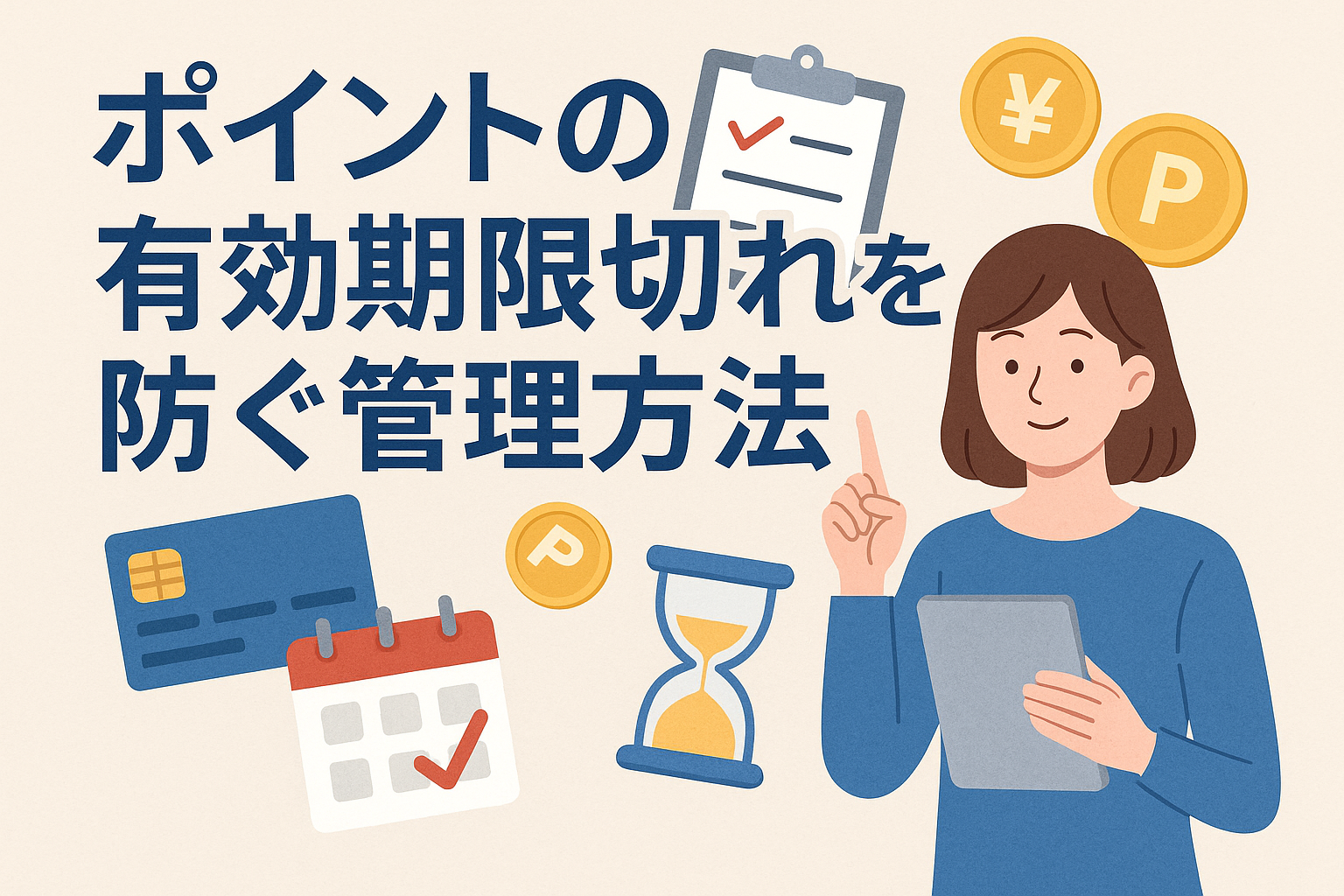 ポイントの有効期限切れを防ぐ管理方法をテーマにしたイラスト。女性がタブレットを持ち、カレンダーやクレジットカード、コイン、砂時計のアイコンが描かれている。