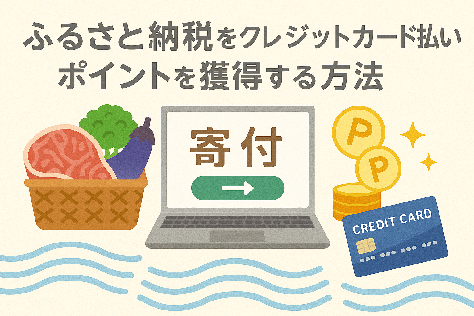 ふるさと納税をクレジットカード払いで行い、ポイントを効率的に獲得する方法を解説する記事のアイキャッチ画像。フリーランスや個人事業主向けに親しみやすくデザインされた日本語入りのビジュアル。